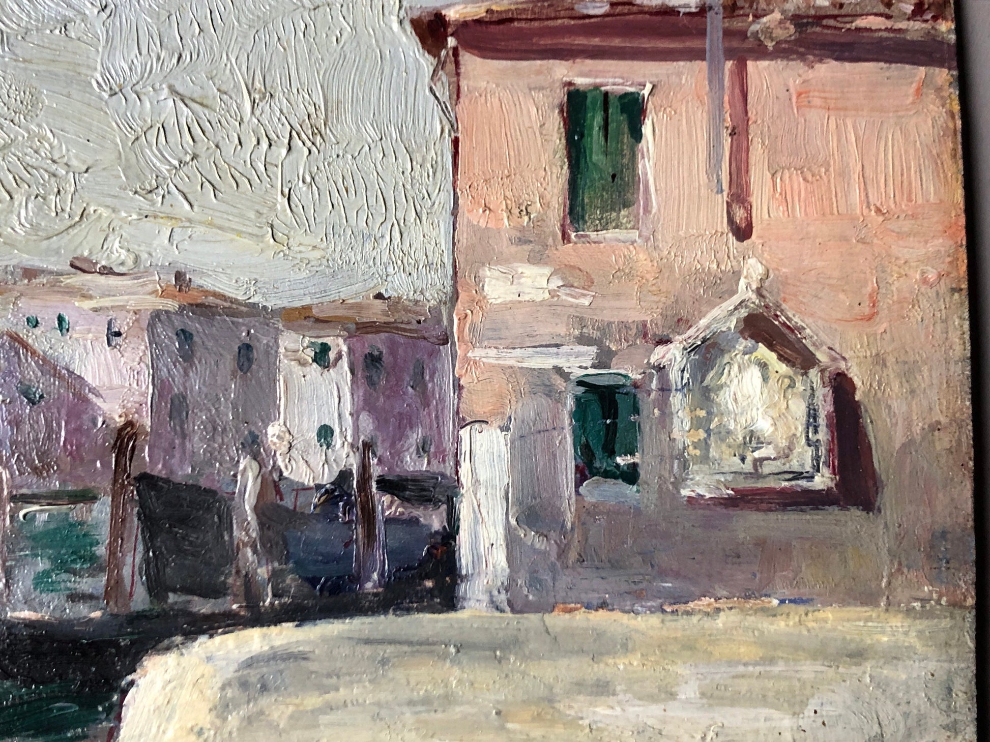 An Original oil Painting By Neapolitan Artist Vincenzo Colucci (1898 -1970). A Waterfront Scene. Signed and Dated. Size: 23.3 x 31.5 cms.