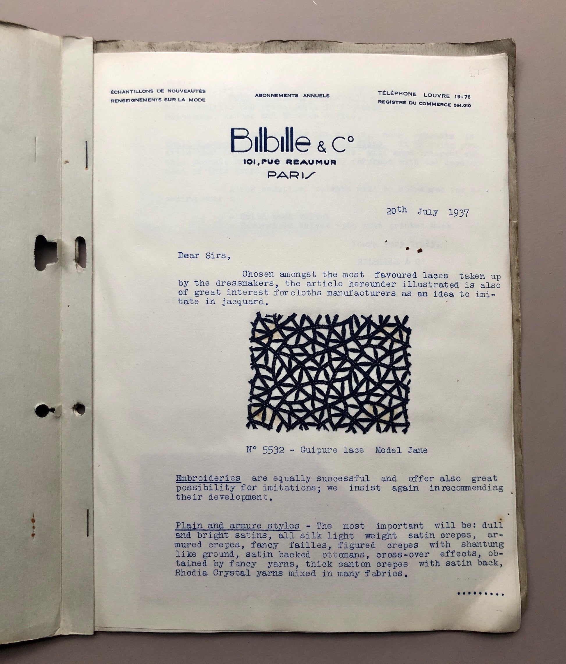 Bilbille & Co of Paris. 14 Booklets Produced in The 1930’s Detailing Current Trends in Fabrics. English Script. 21.5 x 28 cms.