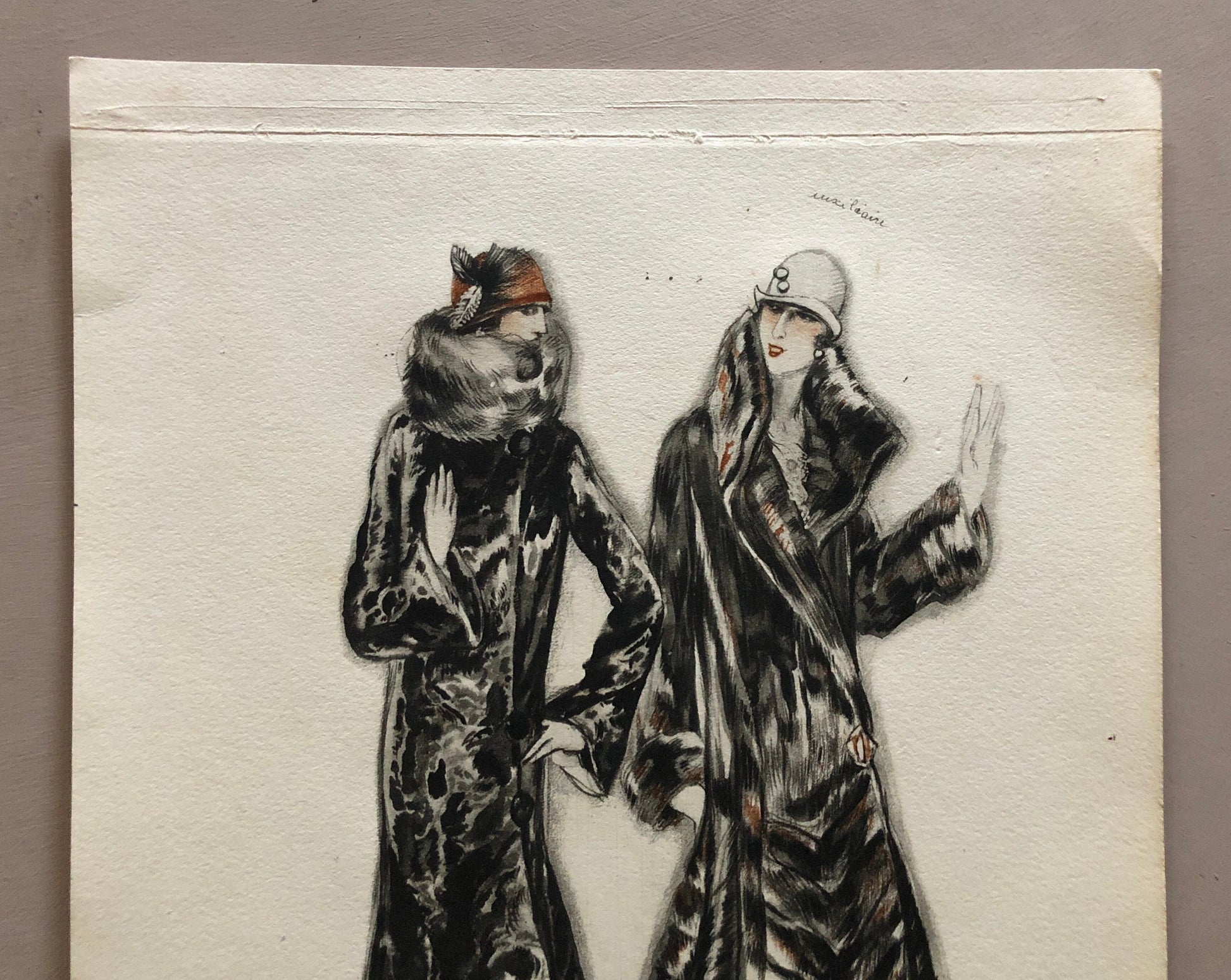 Simon Frères. Women in Furs. A Print Having The Appearance of A Watercolour. French. Dated 1925. Size: 21 x 27 cms.