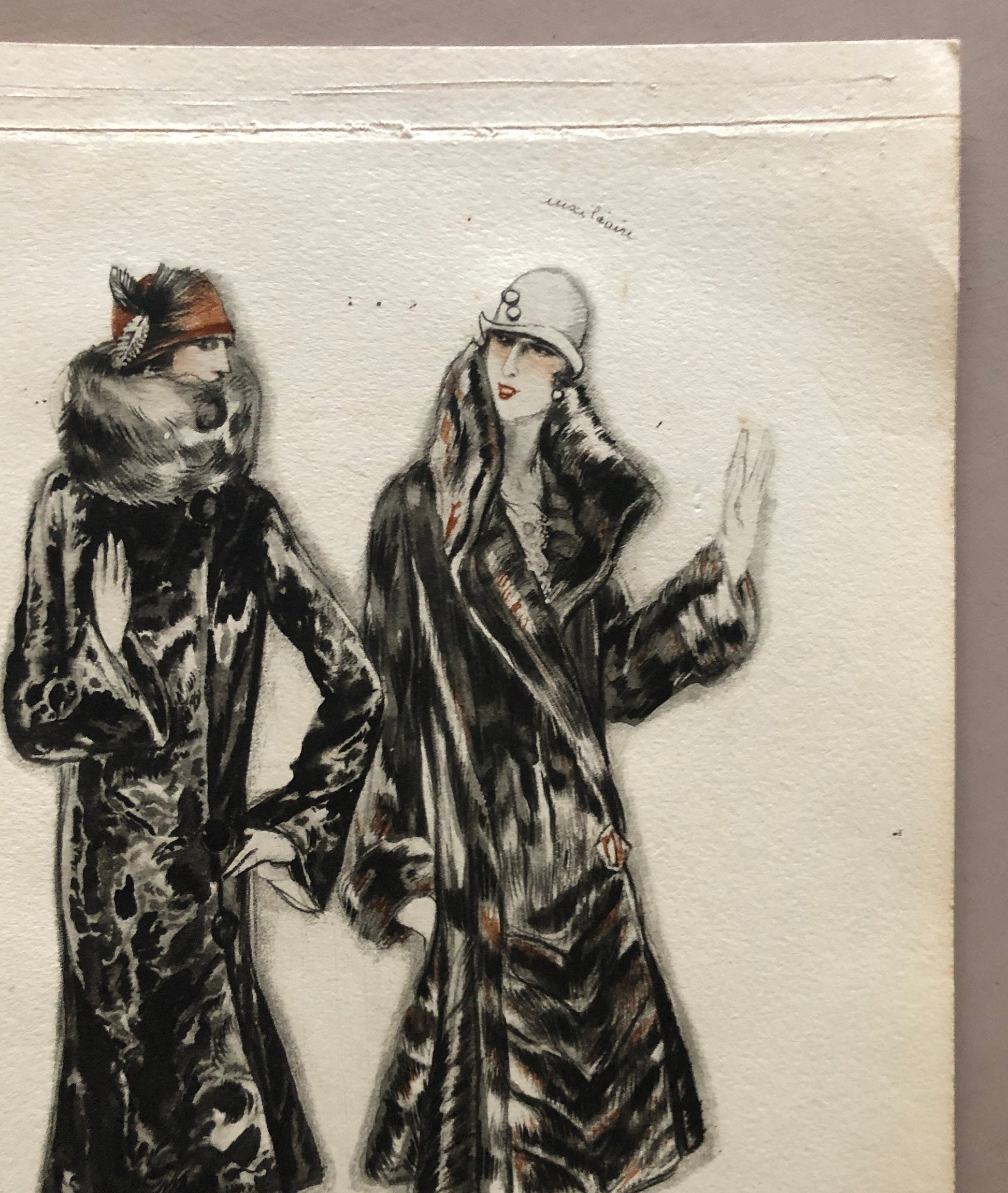 Simon Frères. Women in Furs. A Print Having The Appearance of A Watercolour. French. Dated 1925. Size: 21 x 27 cms.