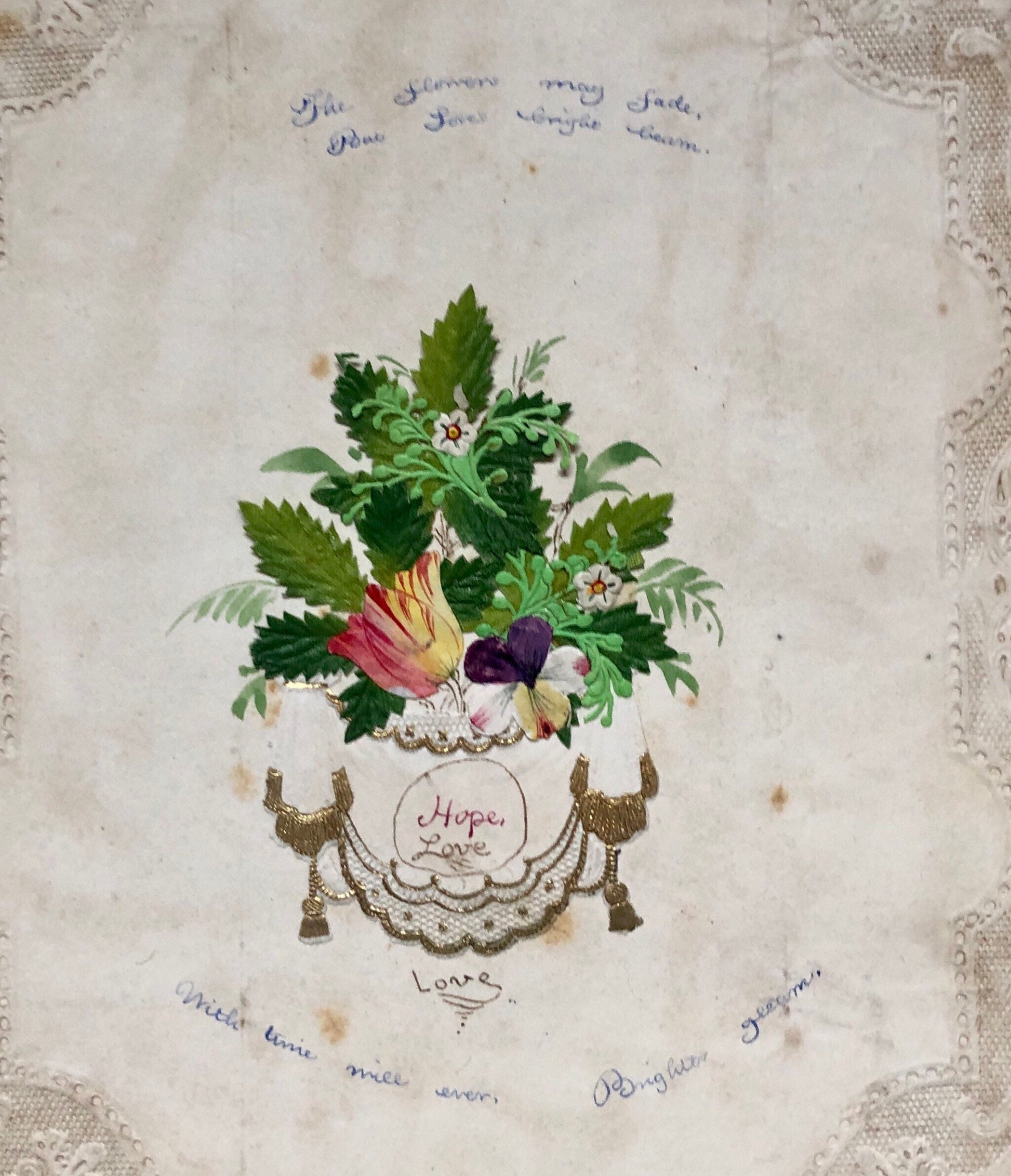 An Original Georgian Découpage. Watercolour Leaves and Flowers on An Embossed Paper Ground. Size: 23 x 19 cms.