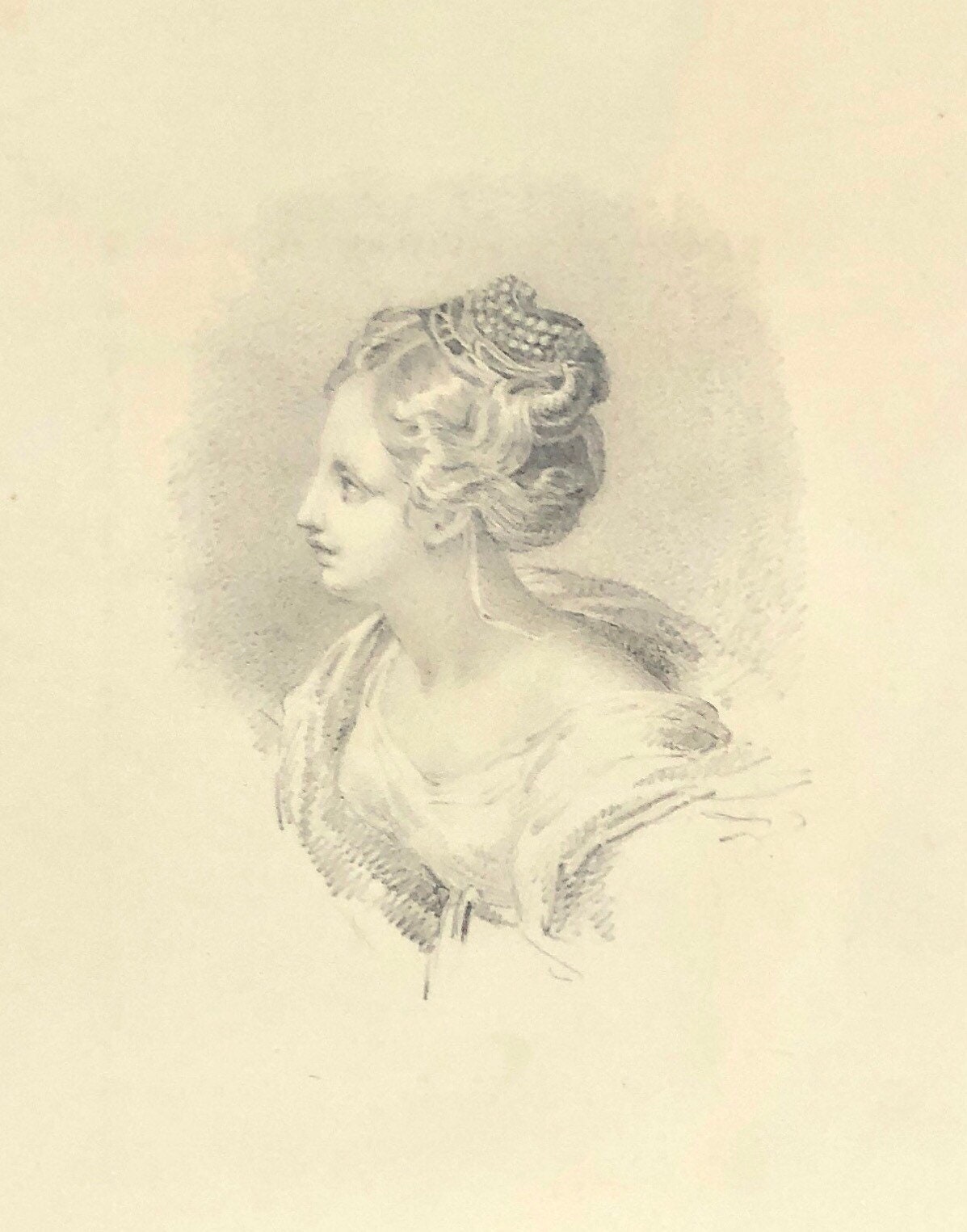 A Pencil Portrait of A Woman. English. Georgian; that is dating around 1840. Size: 14 x 12 cms.
