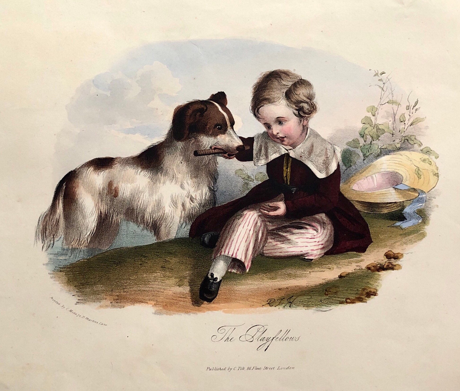 The Playfellows. A Hand Coloured Engraving By American Watercolourist H. Harding. Early 1800s. Size: 28.5 x 22 cms.