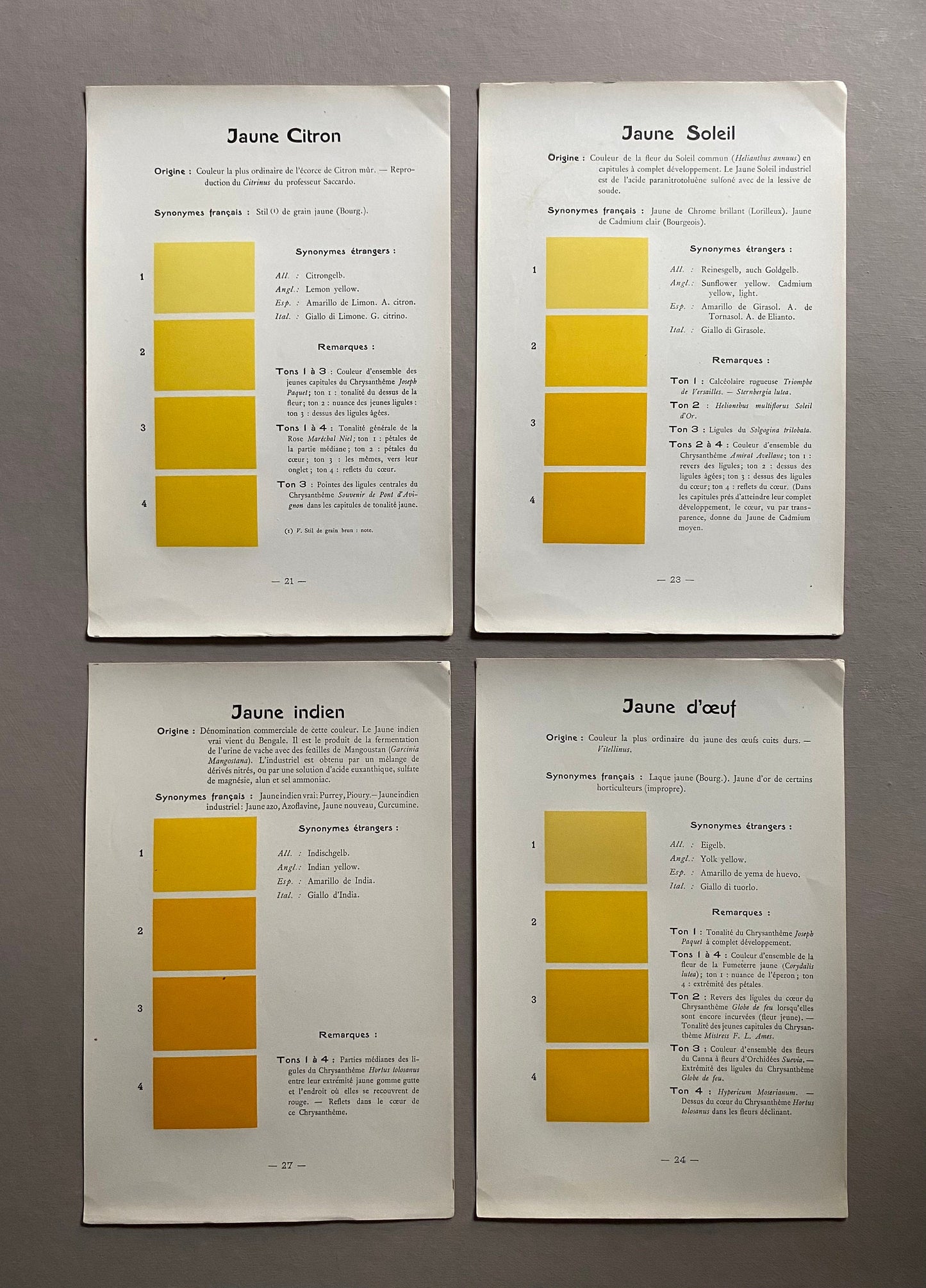 Yellow. Colour Charts. Four Plates From Le Repetoire Des Planches by Dauthenay. French. Published in 1909. 24 x 16 cms each.