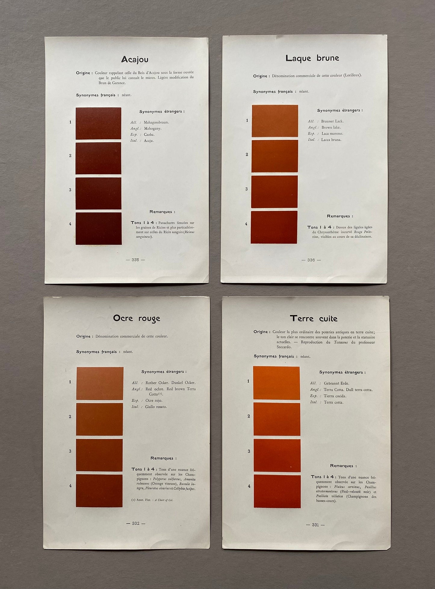 Brown. Orange. Four Colour Charts From Le Repetoire Des Planches by Dauthenay. French. Published in 1909. 24. 16 cms each.