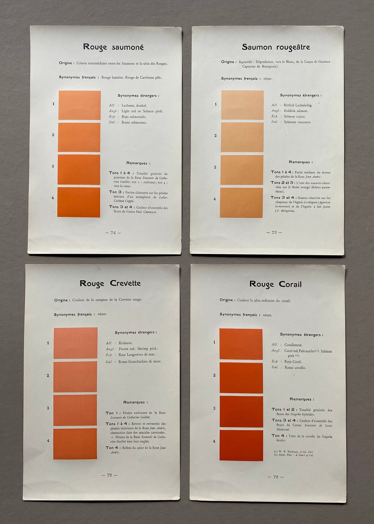 Coral Pink. Colour Charts. Four Plates From Le Repetoire Des Planches by Dauthenay. French. Published in 1909. 24 x 16 cms each.