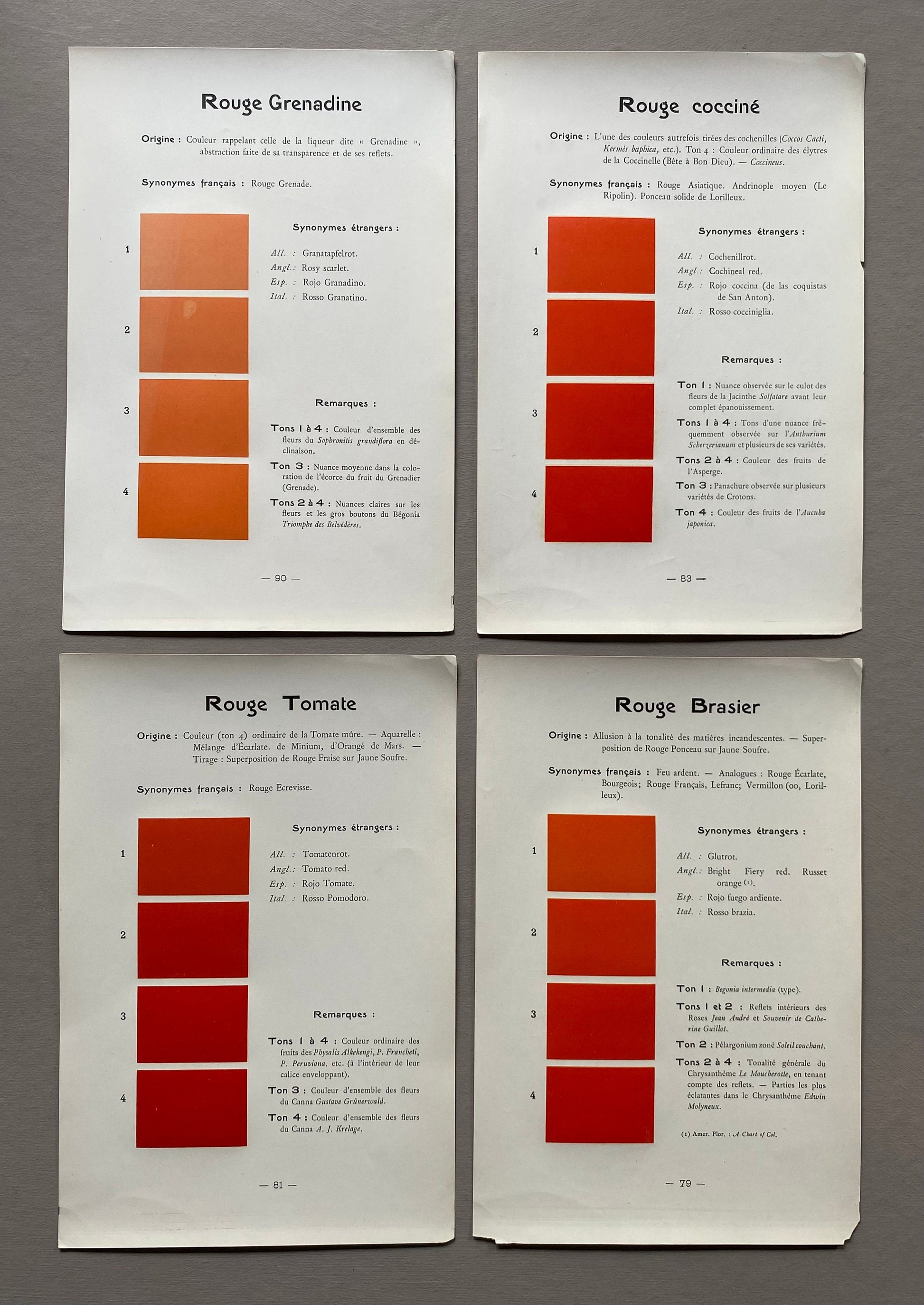 Red. Colour Charts. Four Plates From Le Repetoire Des Planches by Dauthenay. French. Published in 1909. 24 x 16 cms each.