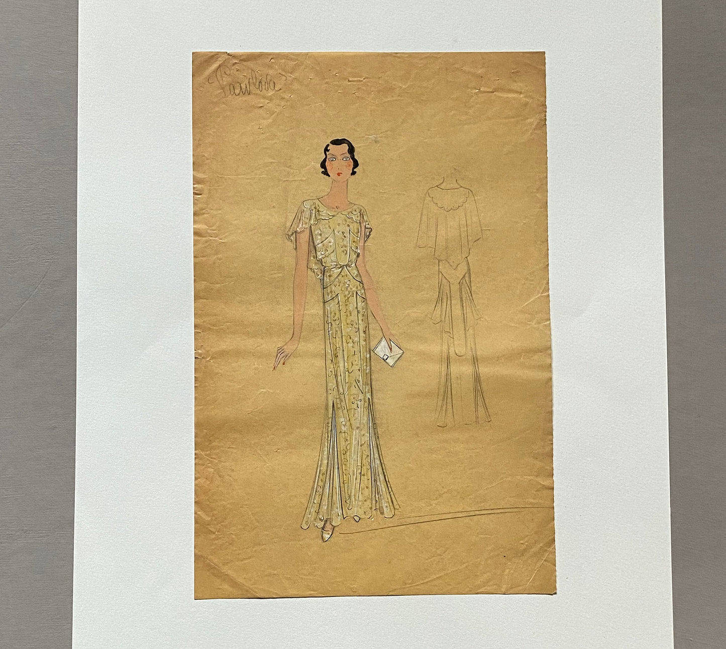 An Original Croquis or Fashion Sketch. Watercolour on Glassine Paper. French. 1930’s. Size: 18 x 27.4 cms.