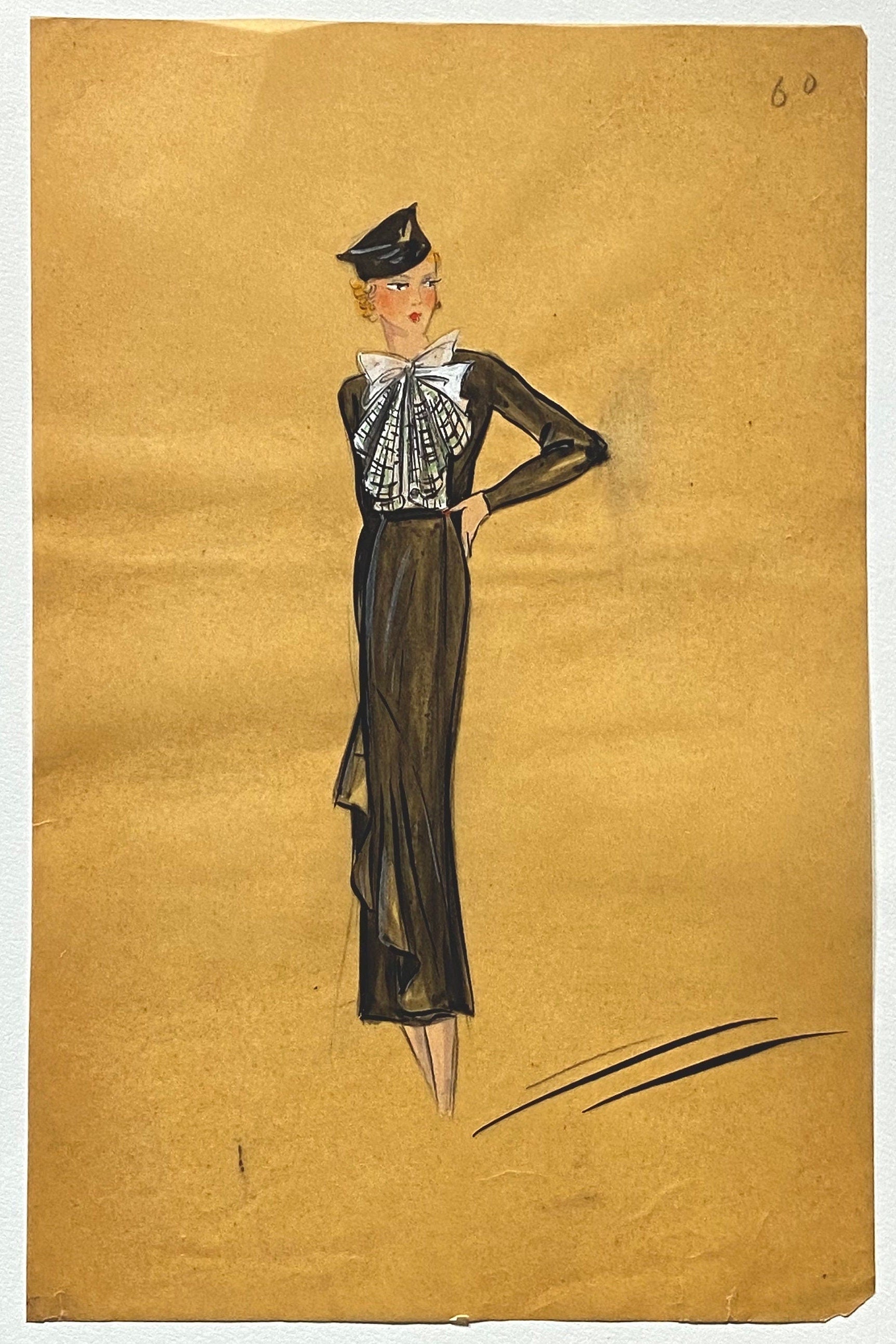 An Original Croquis or Fashion Sketch. Watercolour on Glassine Paper. French. 1930s. Size: 17.5 x 27 cms.