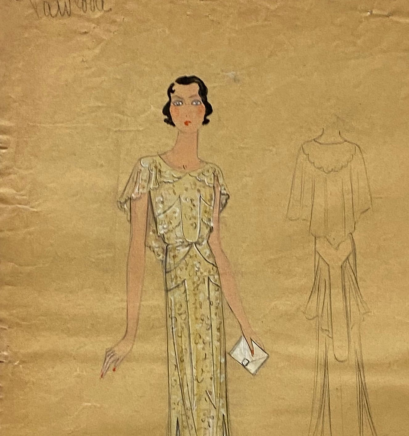 An Original Croquis or Fashion Sketch. Watercolour on Glassine Paper. French. 1930’s. Size: 18 x 27.4 cms.