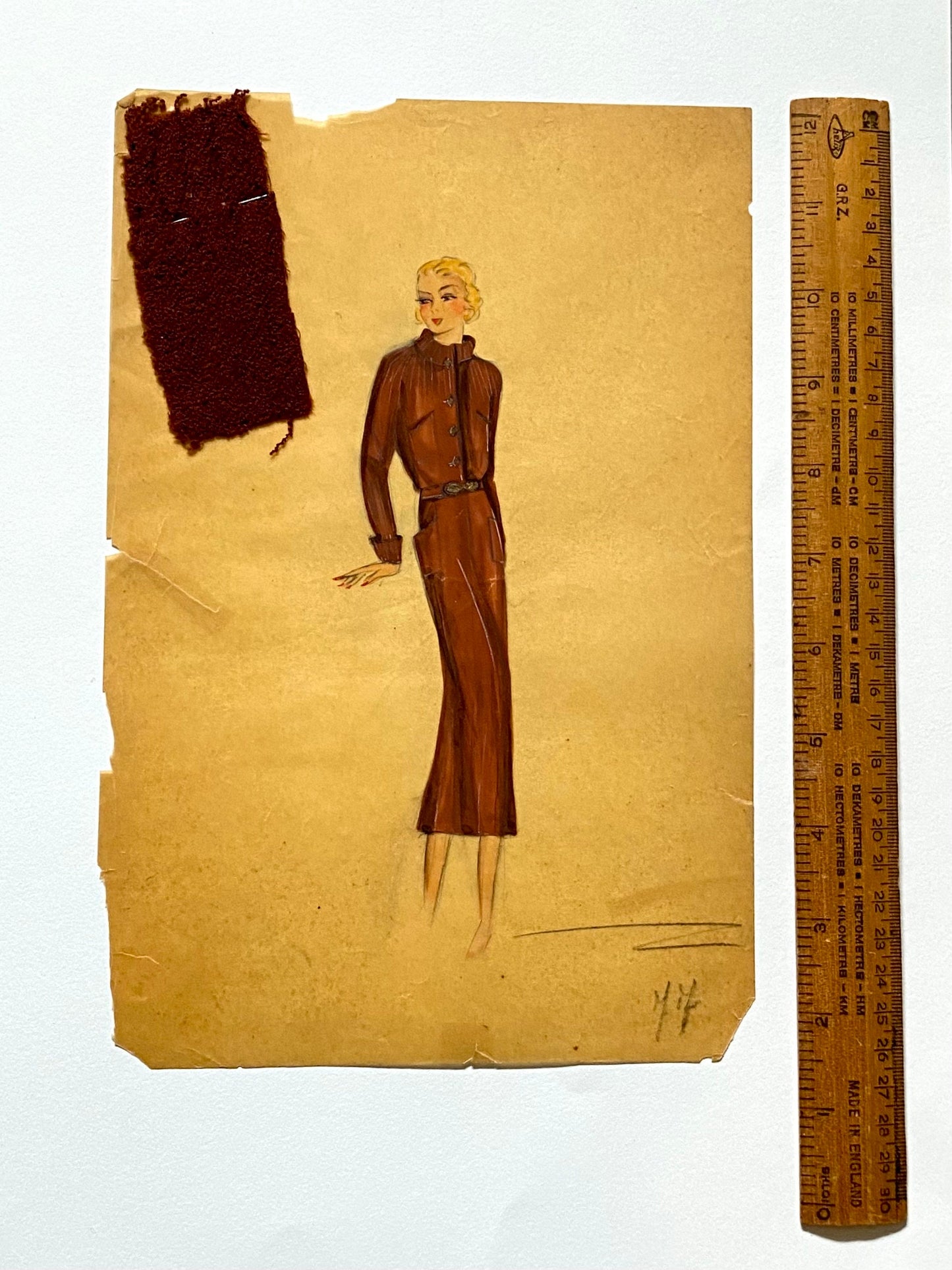 An Original Croquis or Fashion Sketch. Watercolour on Glassine Paper. French. 1930s. Size: 18 x 27 cms.