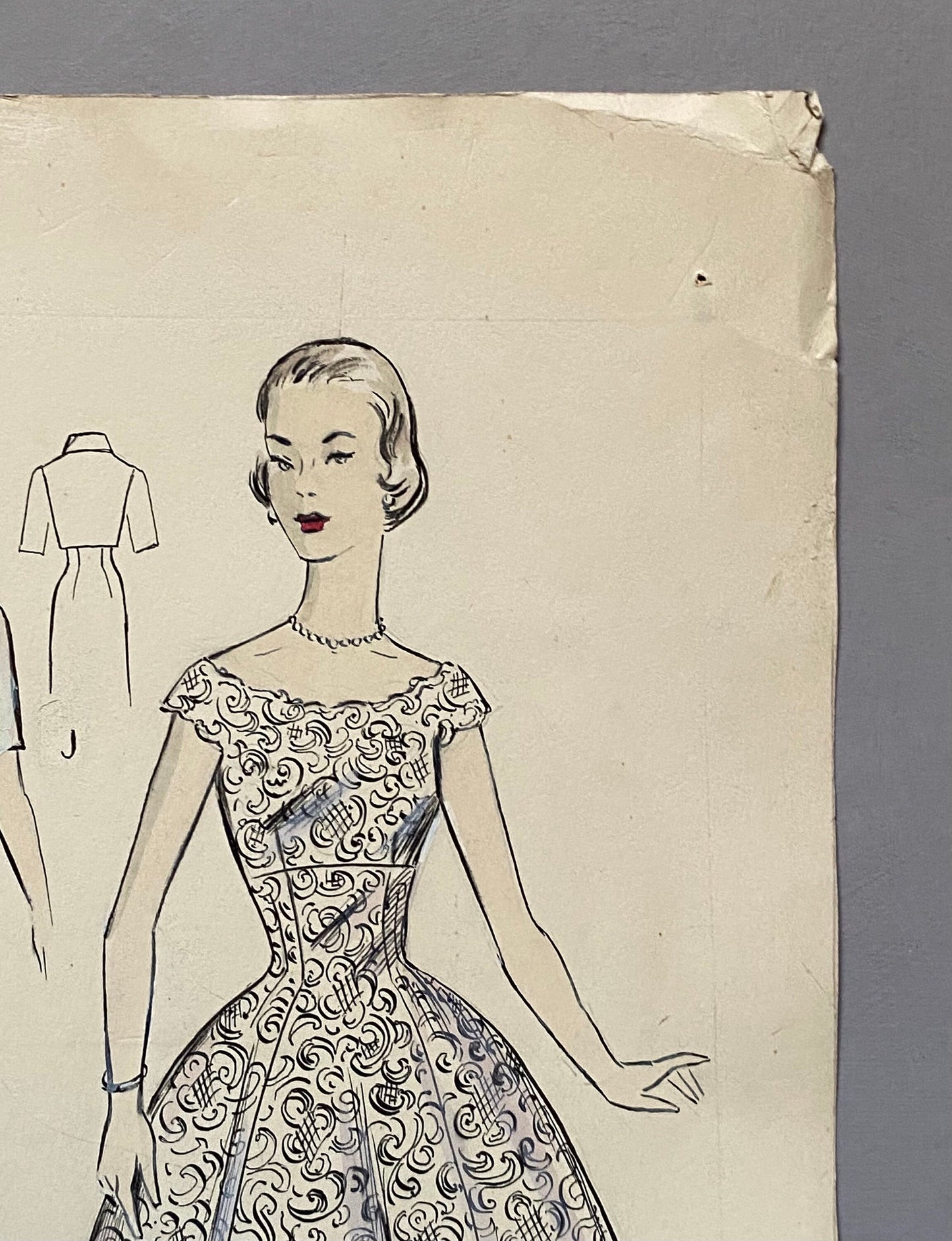 A Large Hand Drawn and Hand Painted Fashion Illustration. Spanish. From Barcelona. 1957 - 58. Size: 52 x 41.5 cms.