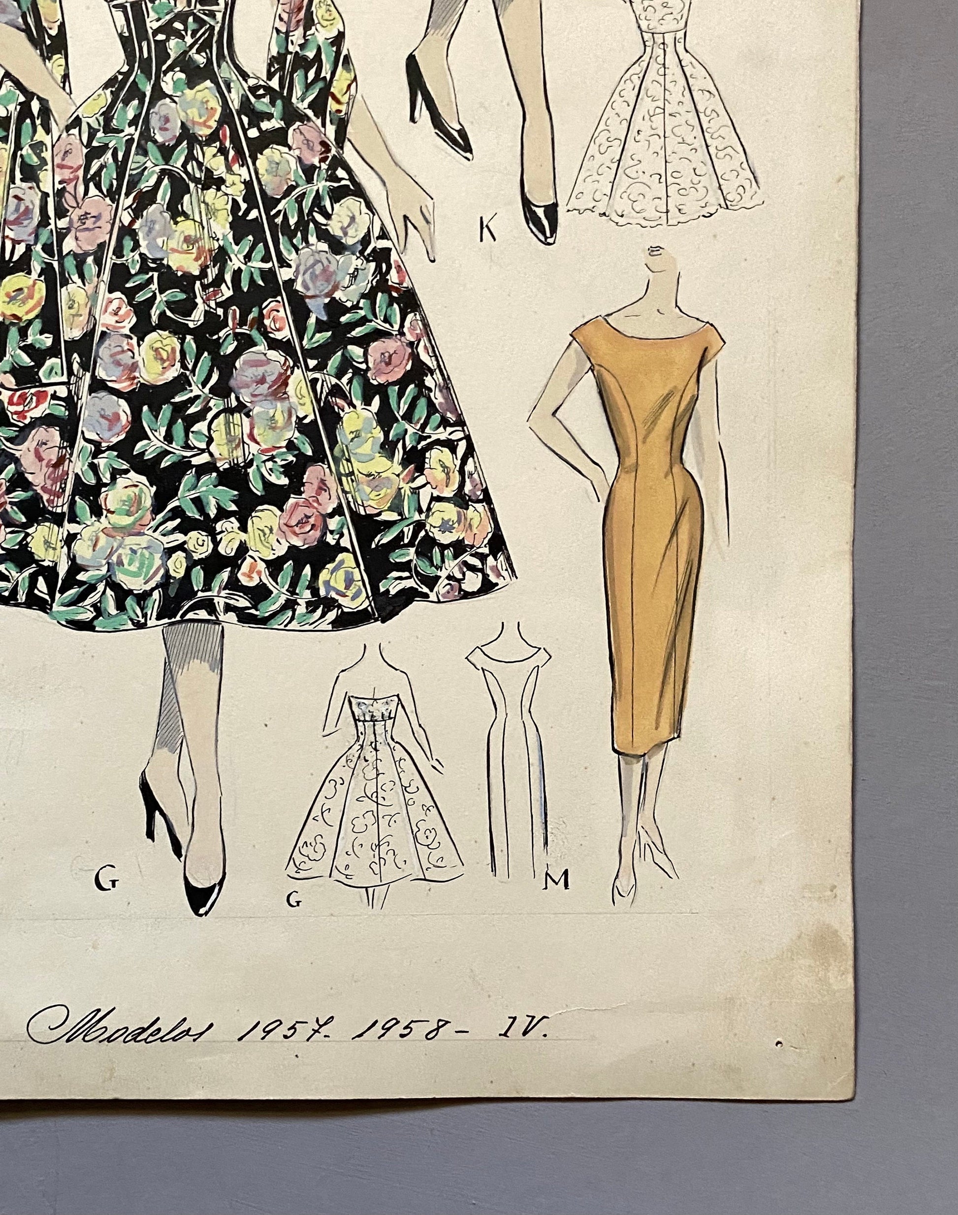 A Large Hand Drawn and Hand Painted Fashion Illustration. Spanish. From Barcelona. 1957 - 58. Size: 52 x 41.5 cms.