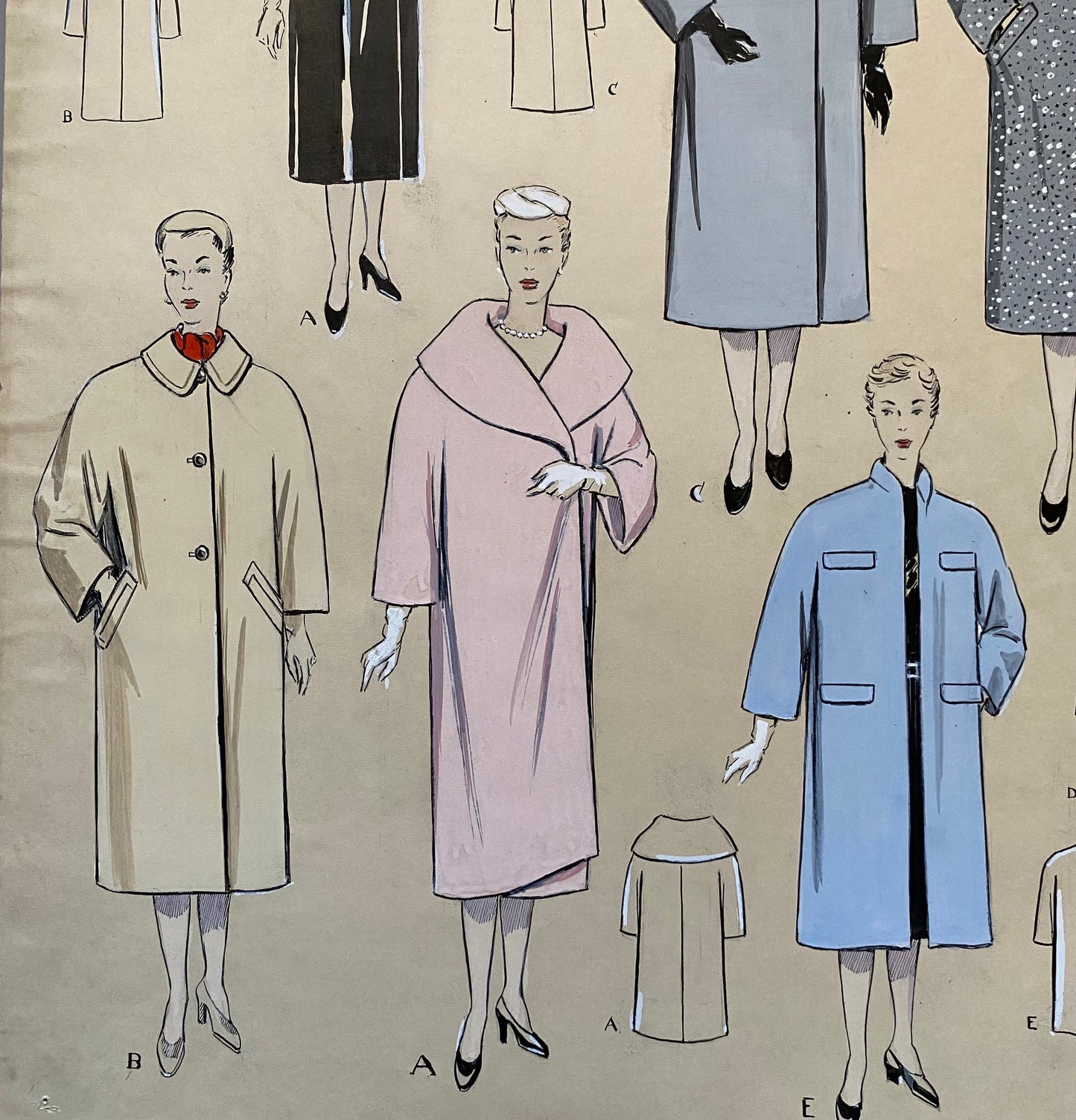 A Large Hand Drawn and Hand Painted Fashion Illustration. Featuring Coats. From Barcelona, Spain. 1954 -1955. Size: 50. 5 x 40.5 cms.
