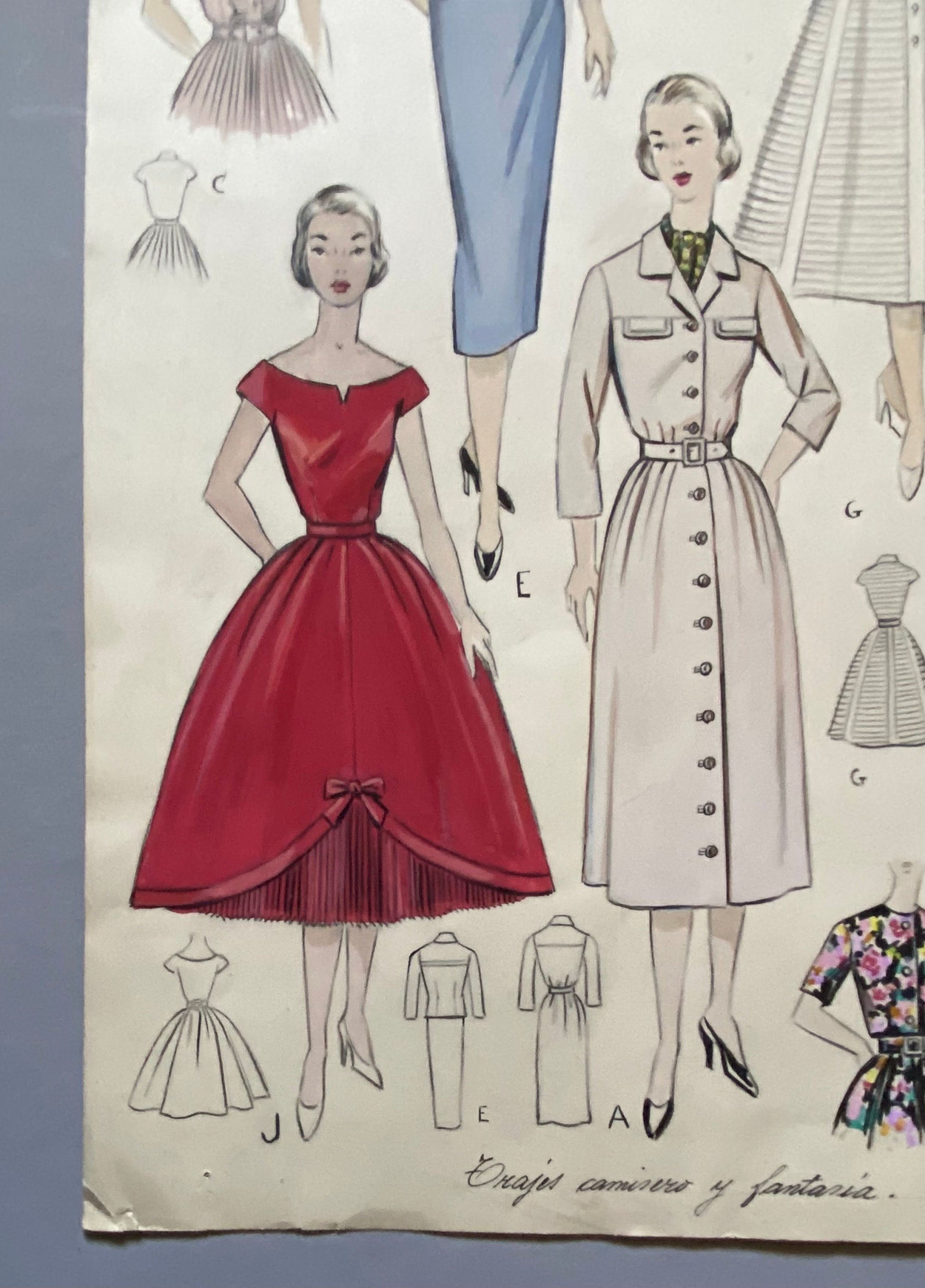 A Large Hand Drawn and Hand Painted Fashion Illustration. Spanish. From Barcelona. 1957 - 1958. Size: 52 x 41.5 cms.