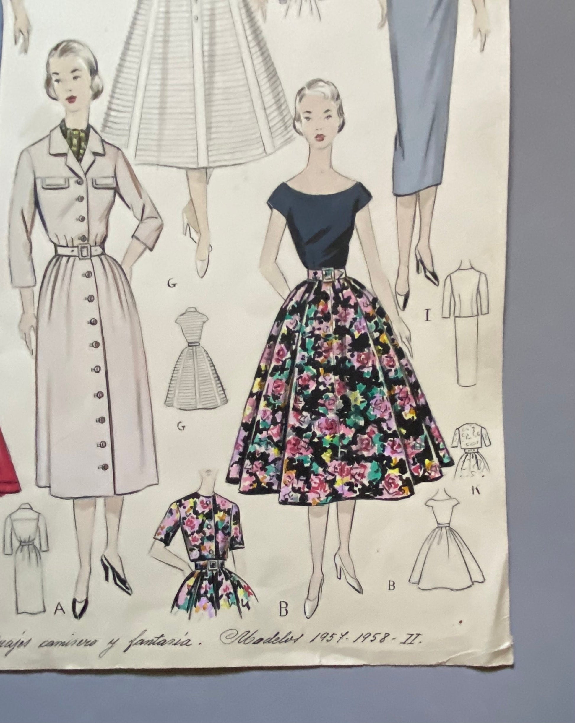 A Large Hand Drawn and Hand Painted Fashion Illustration. Spanish. From Barcelona. 1957 - 1958. Size: 52 x 41.5 cms.
