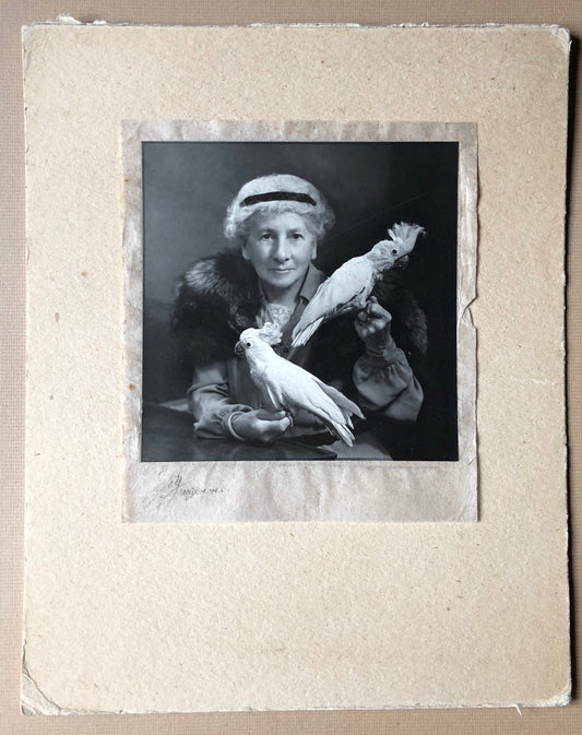 An Original Photograph of Dame Clara Butt with Cockatoos. From the studio of Thomas Fall, Baker Street, London W1. Size 12 x 11.8 cms. 1928.