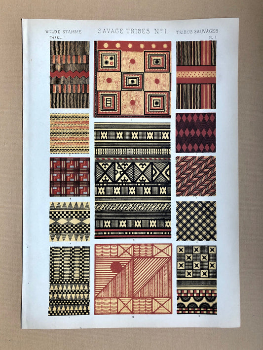 Ornament of Savage Tribes. Three Original Plates From The Grammar of Ornament by Owen Jones (1809-68). 33 x 23 cms.