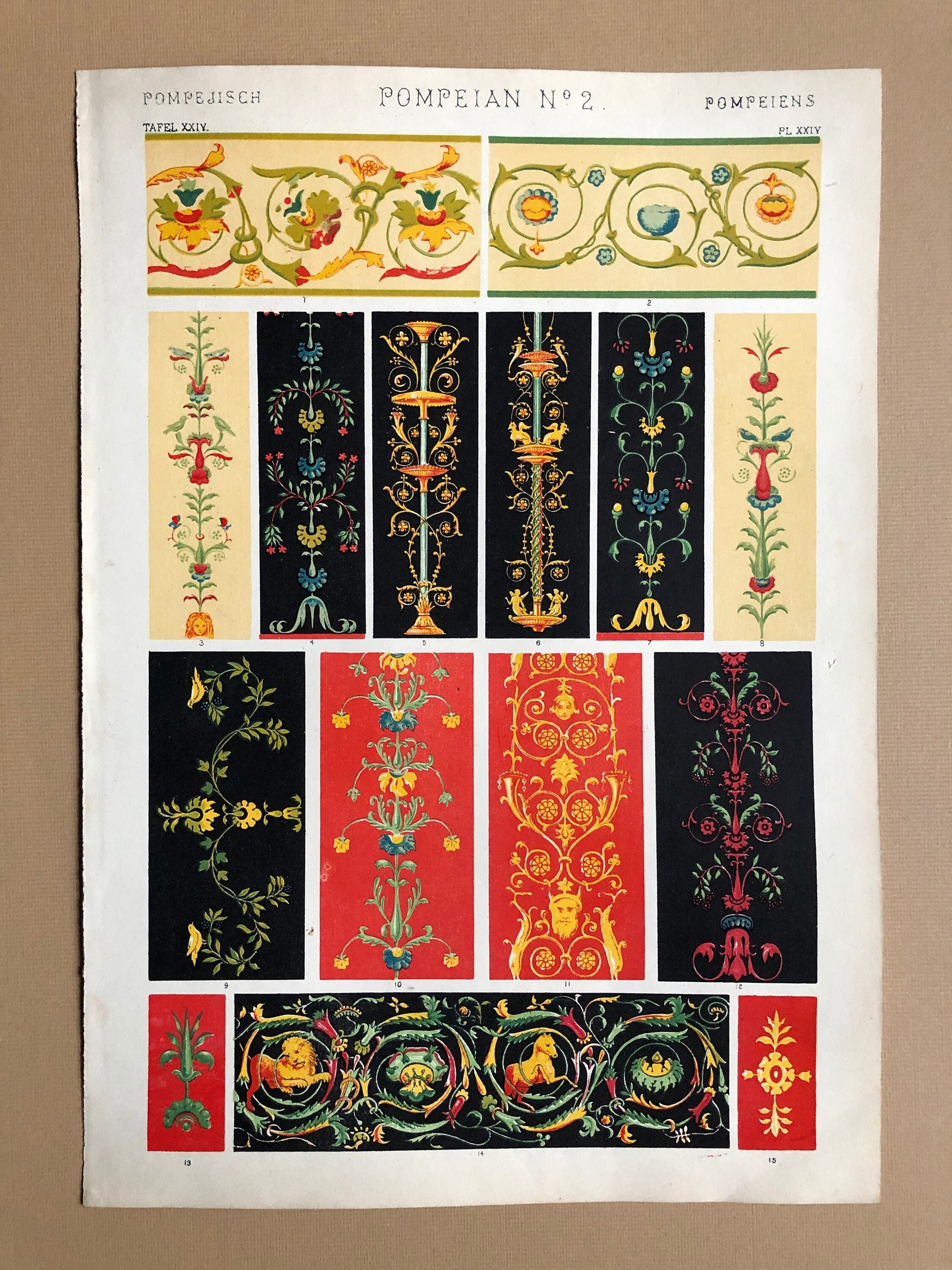 Pompeian Ornament. Nos. 1 and 2. Two antique Plates From The Grammar of Ornament by Owen Jones (1809-68). 33 x 23 cms.