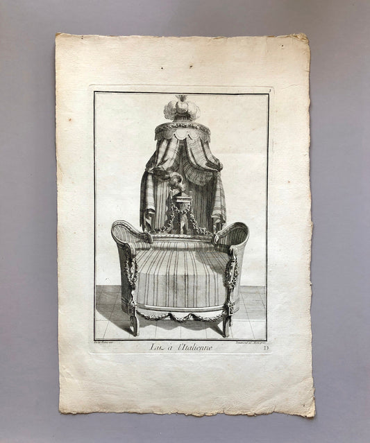 Lit a l’Italienne. A Copper plate Etching from Ameublement by Jean de la Fosse. Circa 1771. Size: 46 x 31 cms.