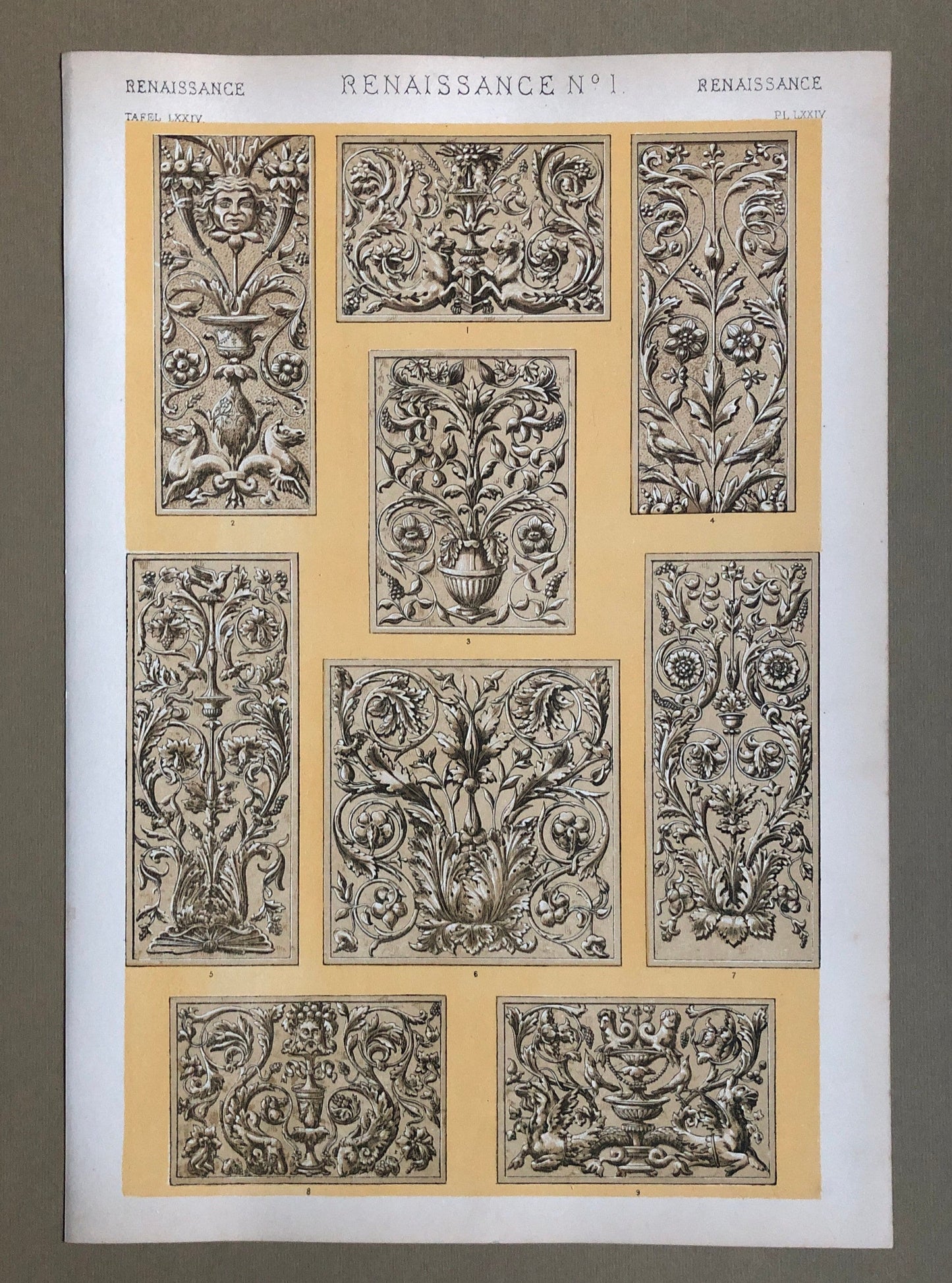 Renaissance Ornament. Nos. 1, 2, 3, 8 and 9. Five antique Plates From The Grammar of Ornament by Owen Jones (1809-68). 33 x 23 cms.