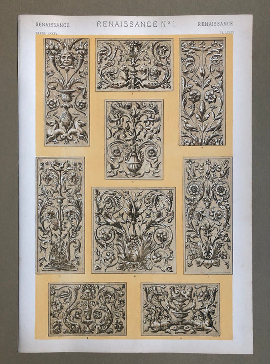 Renaissance Ornament. Nos. 1, 2, 3, 8 and 9. Five antique Plates From The Grammar of Ornament by Owen Jones (1809-68). 33 x 23 cms.