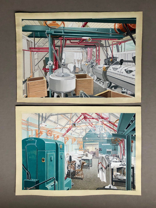 Original Graphic Artworks by Frank Mather. The Limes Laundry, Farnborough Kent. John Hall & Son. Circa 1902. Size with mount: 43.5 x 56 cms.