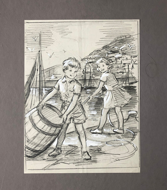 An Original Illustration From The 1950’s. Children Playing by The Sea. Pencil Drawing With Painted Highlights. Size: 26.5 x 20 cms.