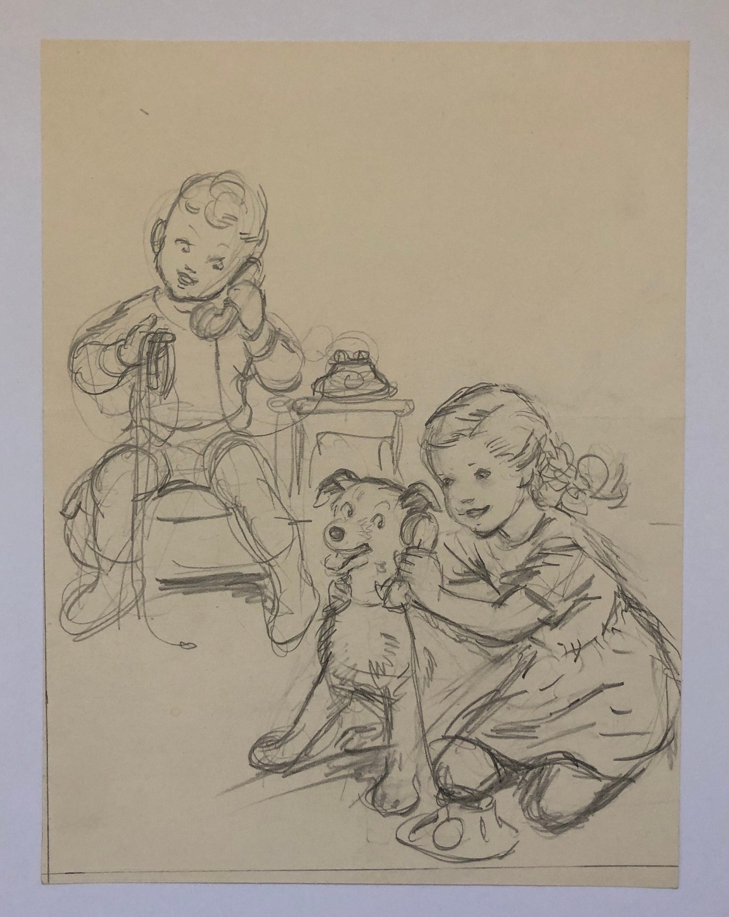 An Original Illustration From The 1950’s. Children With a Dog. Pencil Drawing. Size: 27 x 20.4 cms.