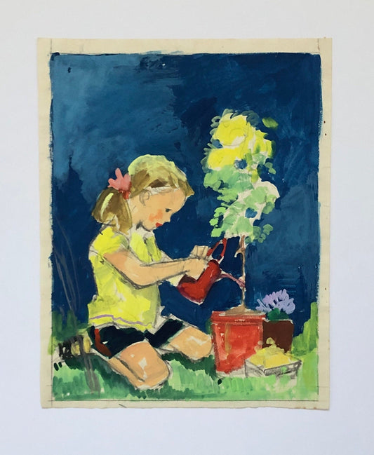 An Original Illustration From The 1950’s. Girl Watering Plant. Watercolour. Size: 23 x 18.5 cms.