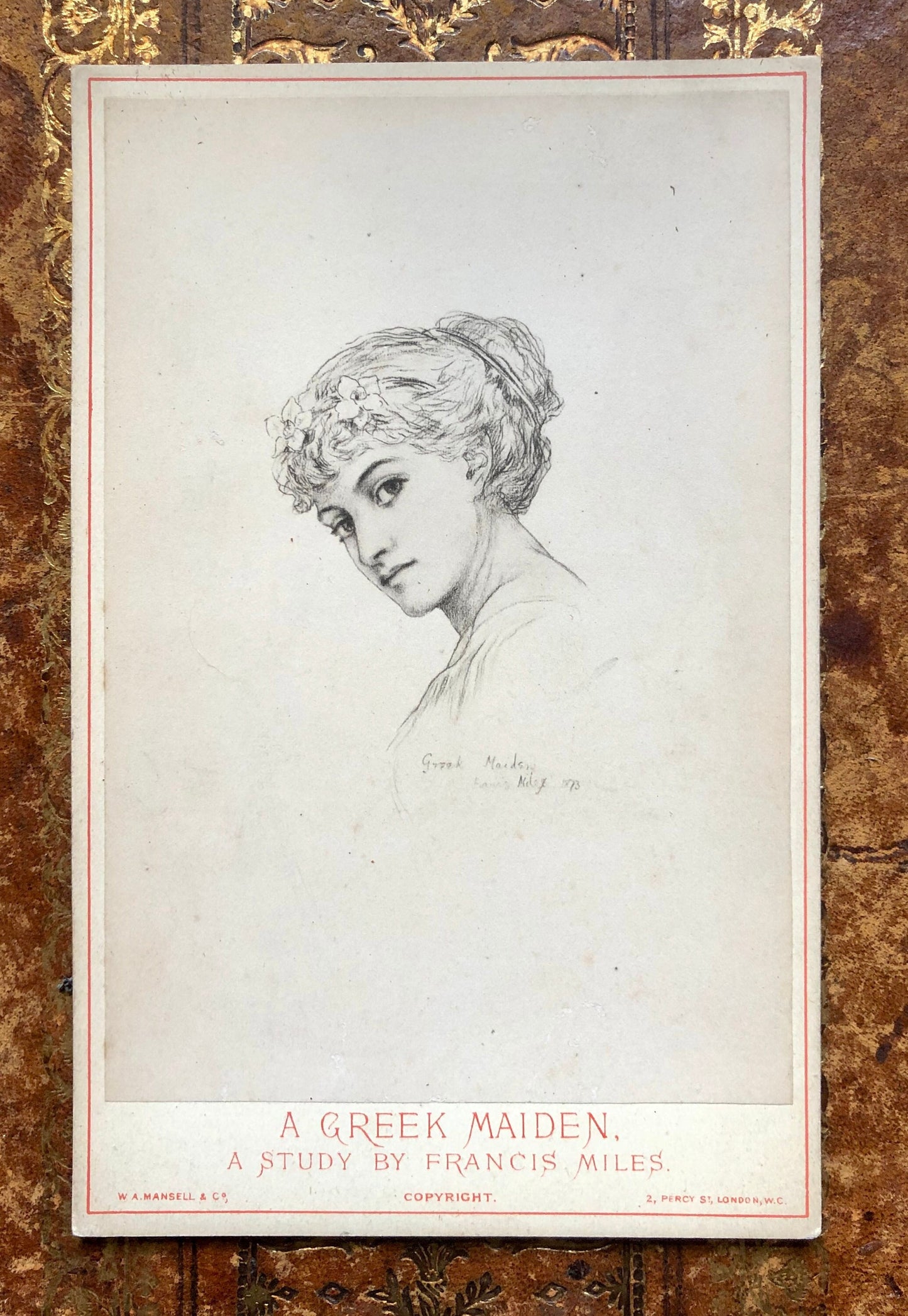 5 Cabinet Cards. Copies of Pencil Drawings of Women by Francis Miles. In Red Cloth Portfolio. Dated 1872. Size: 16.5 x 10.5 cms.