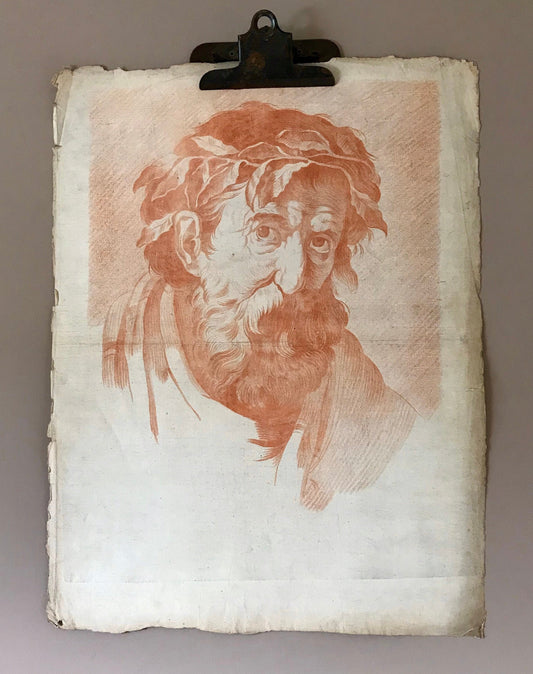 An Original 18th Century Sanguine Portrait. A Study of The Head of an Elderly Man. Handmade Paper. Large: 62 x 47 cms.
