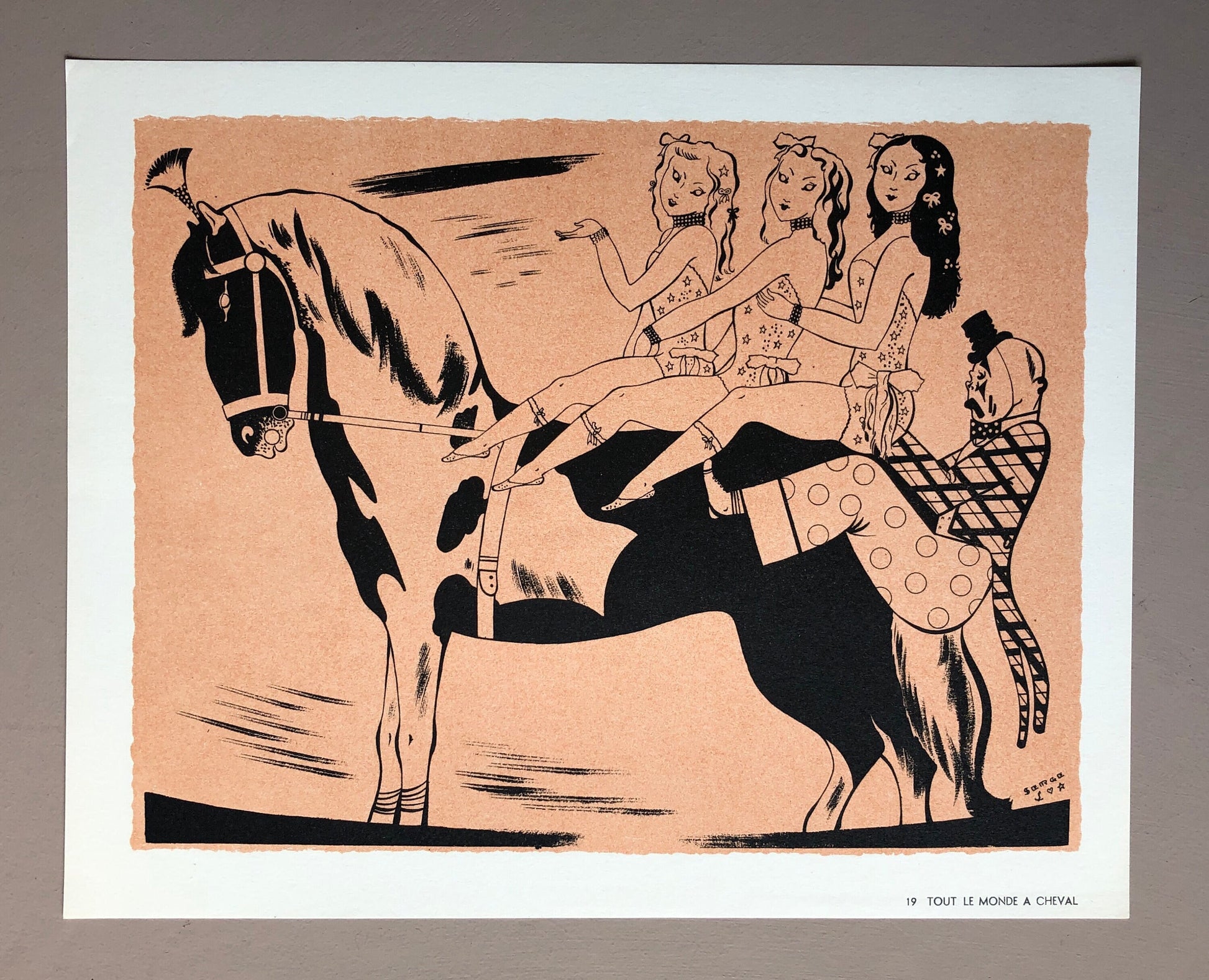 Tout Le Monde A Cheval. An Original Lithograph From Le Parorama Du Cirque by Serge. One of only 1000 produced in 1944. Size: 24 x 29.7 cms.