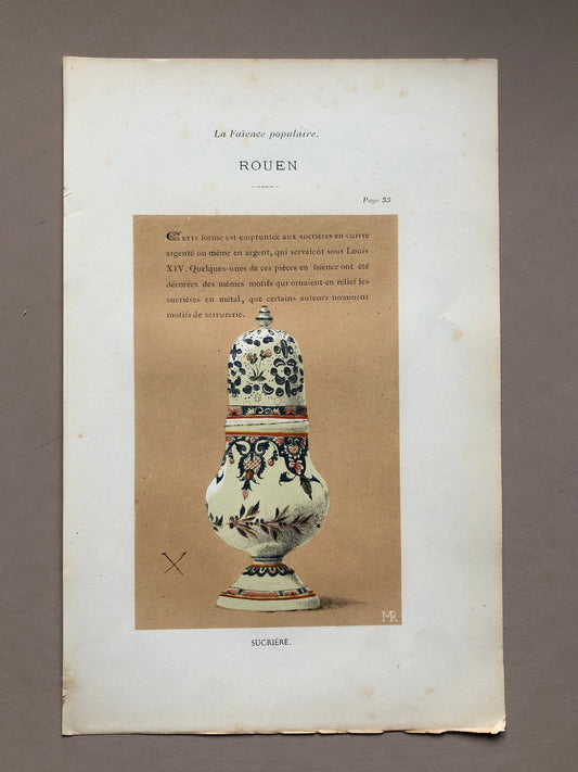 Rouen Faïence Pottery. An Original Lithograph From La Faïence Populaire au XVIII Siecle by Mareschal. Dated 1872. Size: 26.7 x 17.2 cms.