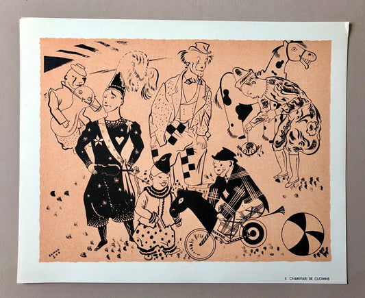 Charivari De Clowns. A Lithograph From The Parorama Du Cirque by Serge. One of only 1000 produced in 1944. Size: 23.8 x 29.7 cms.