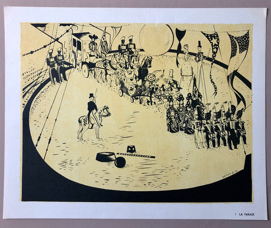 La Parade. A Colour Lithograph From The Parorama Du Cirque by Serge. One of only 1000 produced in 1944. Size: 23.8 x 29.7 cms.