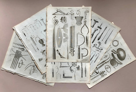 Surgery. 6 Original Engravings of Surgical Equiptment From The Encyclopedia Britannica, 1797. Engraved by A. Bell. Size: 26.5 x 20.5 cms