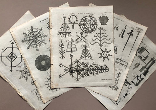 Pyrotechny. Five Original Engravings of Fireworks From The Encyclopedia Britannica. Engraved by A. Bell. Dated 1797. Size: 26.5 x 20.5 cms