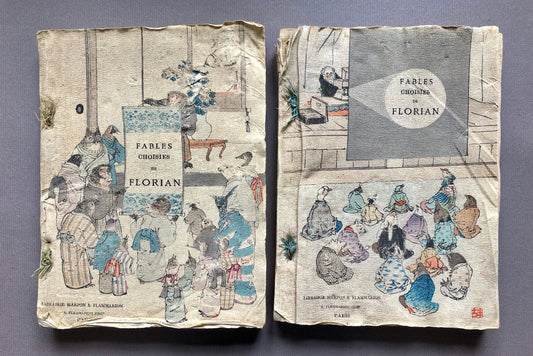 Fables By Florian. 2 Japanese Crepe Paper Books with Illustations by Various Artists. French Language. Published in 1895. Size: 20x 15cms.