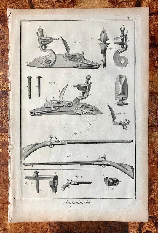 Arquebusier. A Set of Six Original Engraved Plates Illustrating the Manufacture of Guns. From the Recuil de Planche Dated 1762.