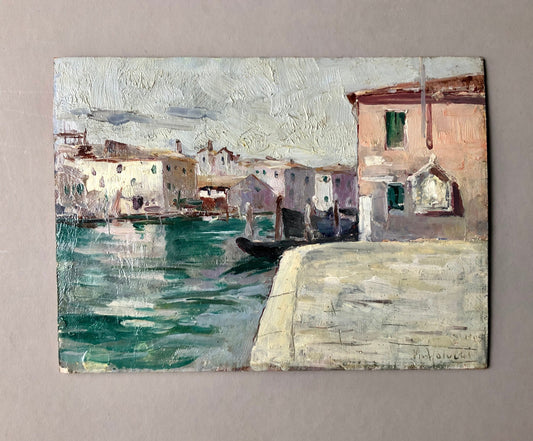 An Original oil Painting By Neapolitan Artist Vincenzo Colucci (1898 -1970). A Waterfront Scene. Signed and Dated. Size: 23.3 x 31.5 cms.