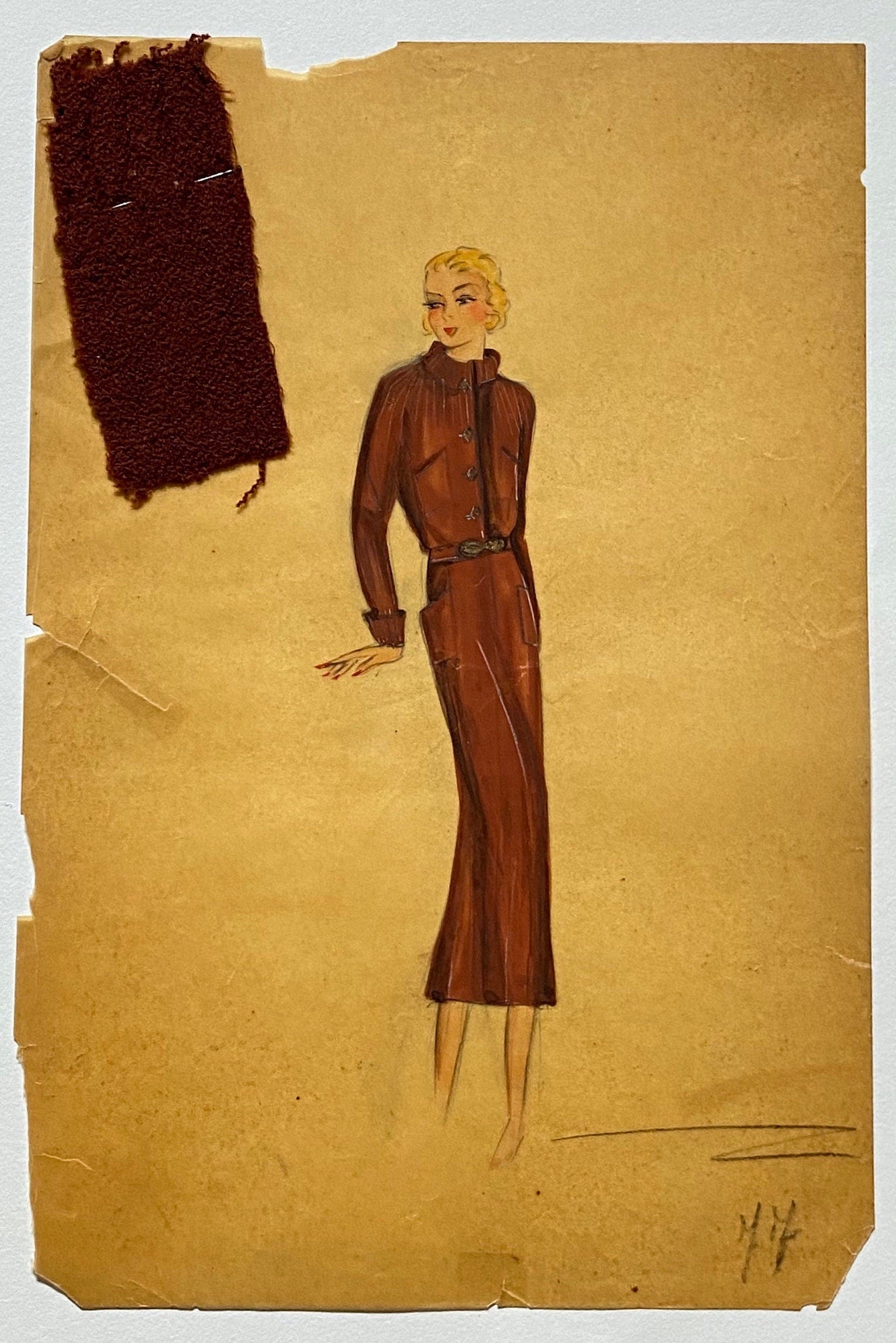 An Original Croquis or Fashion Sketch. Watercolour on Glassine Paper. French. 1930s. Size: 18 x 27 cms.