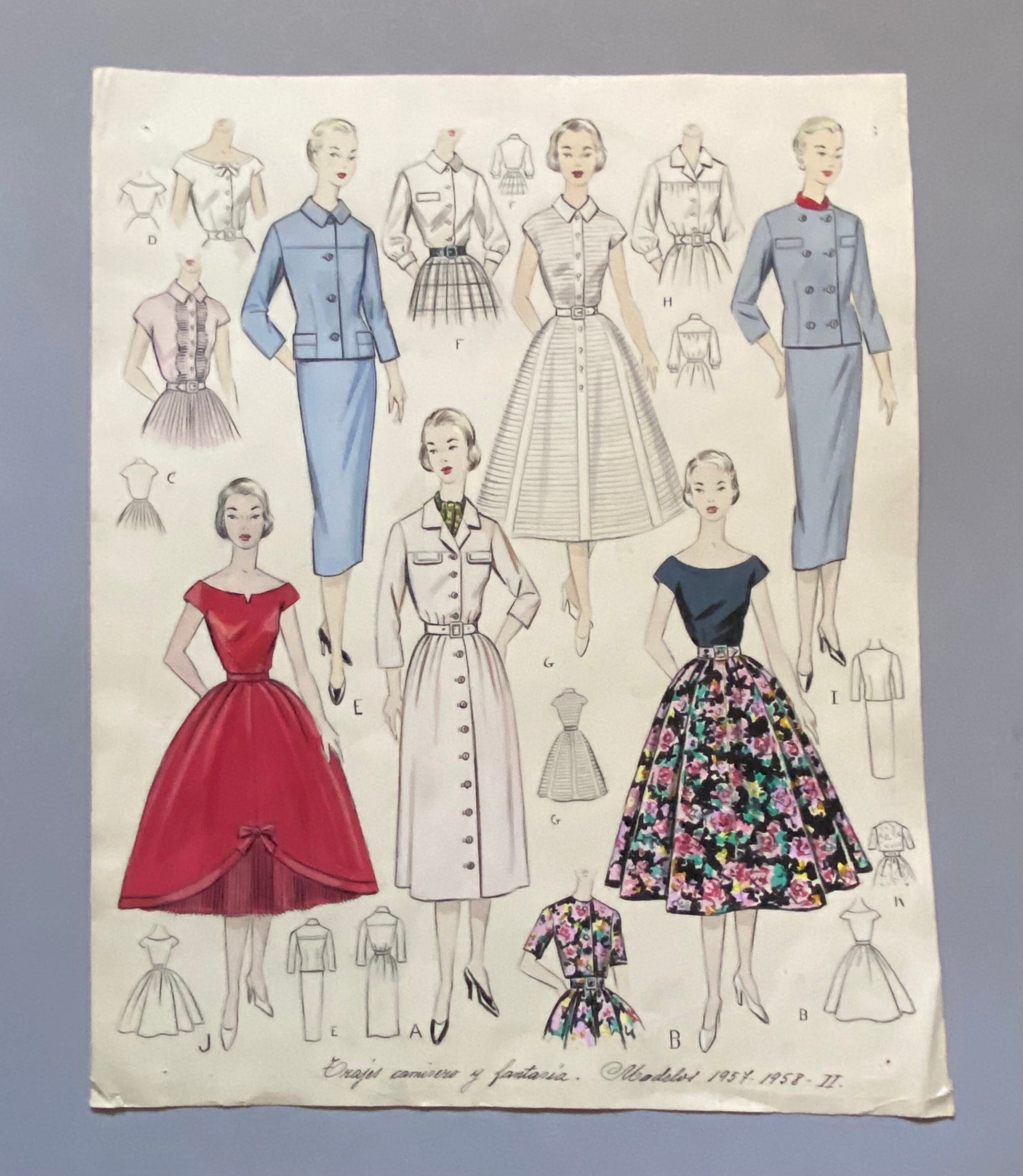 A Large Hand Drawn and Hand Painted Fashion Illustration. Spanish. From Barcelona. 1957 - 1958. Size: 52 x 41.5 cms.