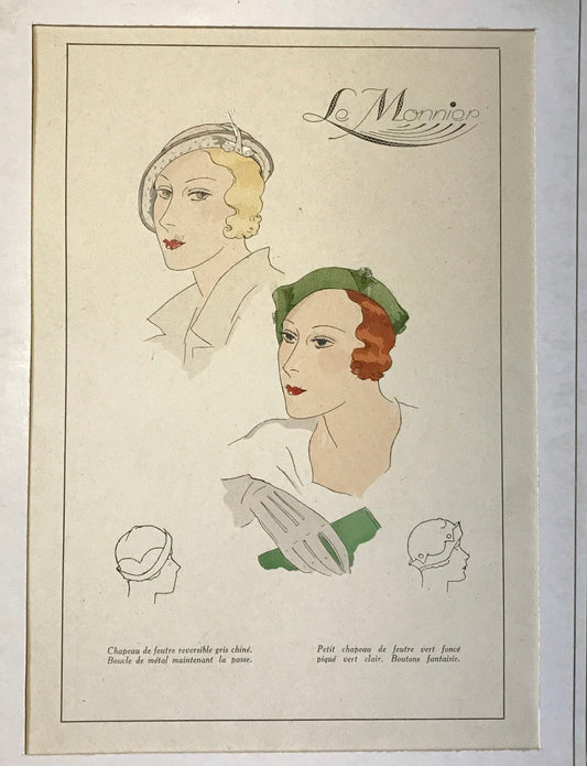 An Original Fashion Sketch, or Croquis, from Parisian Hatmaker Le Monnier. A Hand Coloured Lithograph. 1930’s. Size: 27.4 x 18 cms.