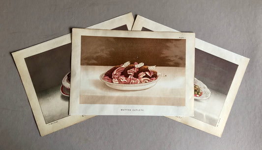 Three Plates of food From a Victorian Cookbook. Beautiful chromolithographs. Engraved by Thomas Kell in the 1880’s. Size: 17.5 x 25 cms.