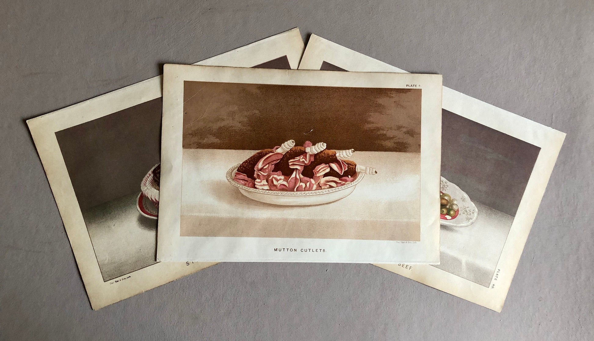 Three Plates of food From a Victorian Cookbook. Beautiful chromolithographs. Engraved by Thomas Kell in the 1880’s. Size: 17.5 x 25 cms.