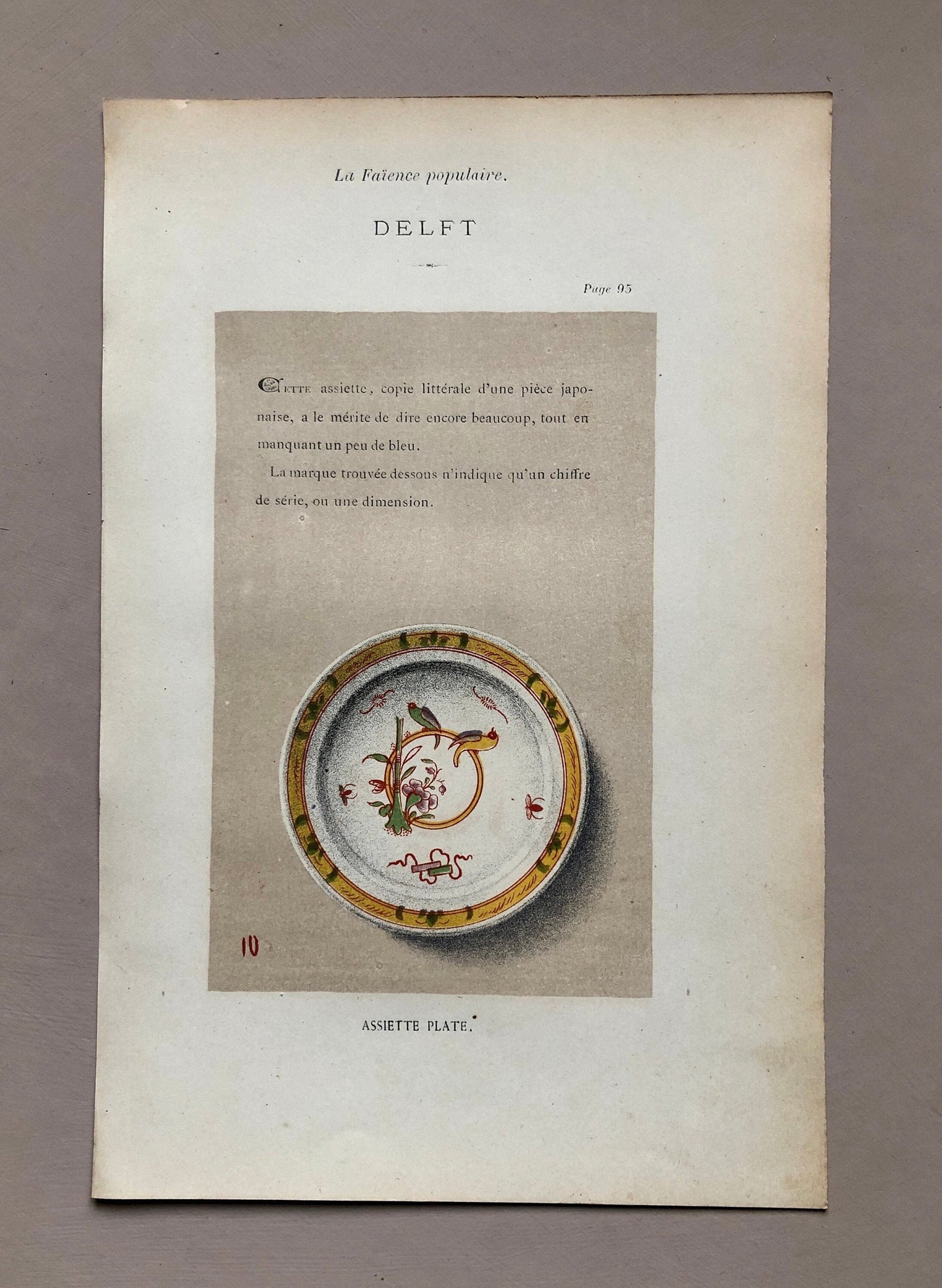 Delft. Faïence Pottery. A Lithograph From La Faïence Populaire au XVIII Siecle by Mareschal. Dated 1872. Size: 26.7 x 17.2 cms.
