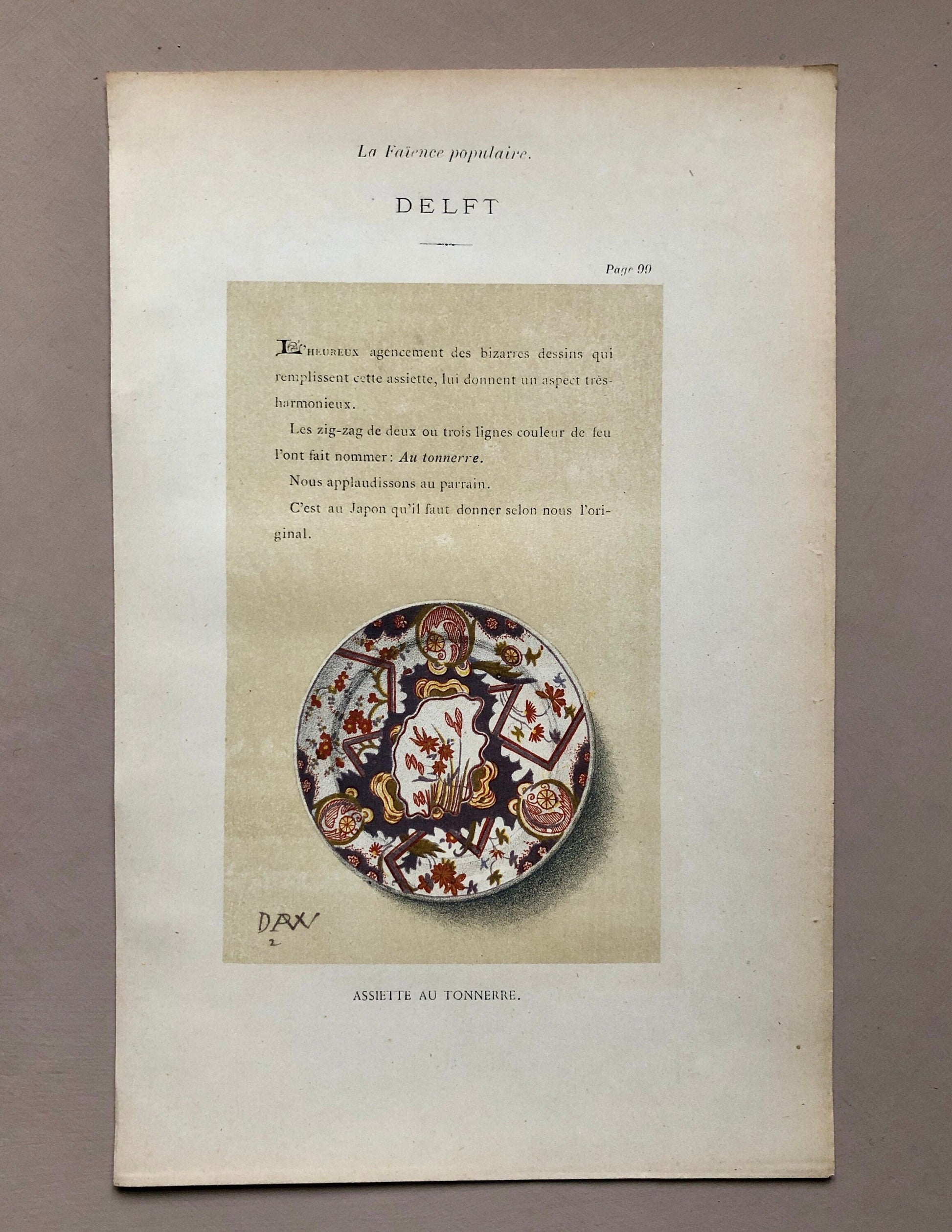 Delft Pottery. A Lithograph From La Faïence Populaire au XVIII Siecle by Mareschal. Dated 1872. Size: 26.7 x 17.2 cms.