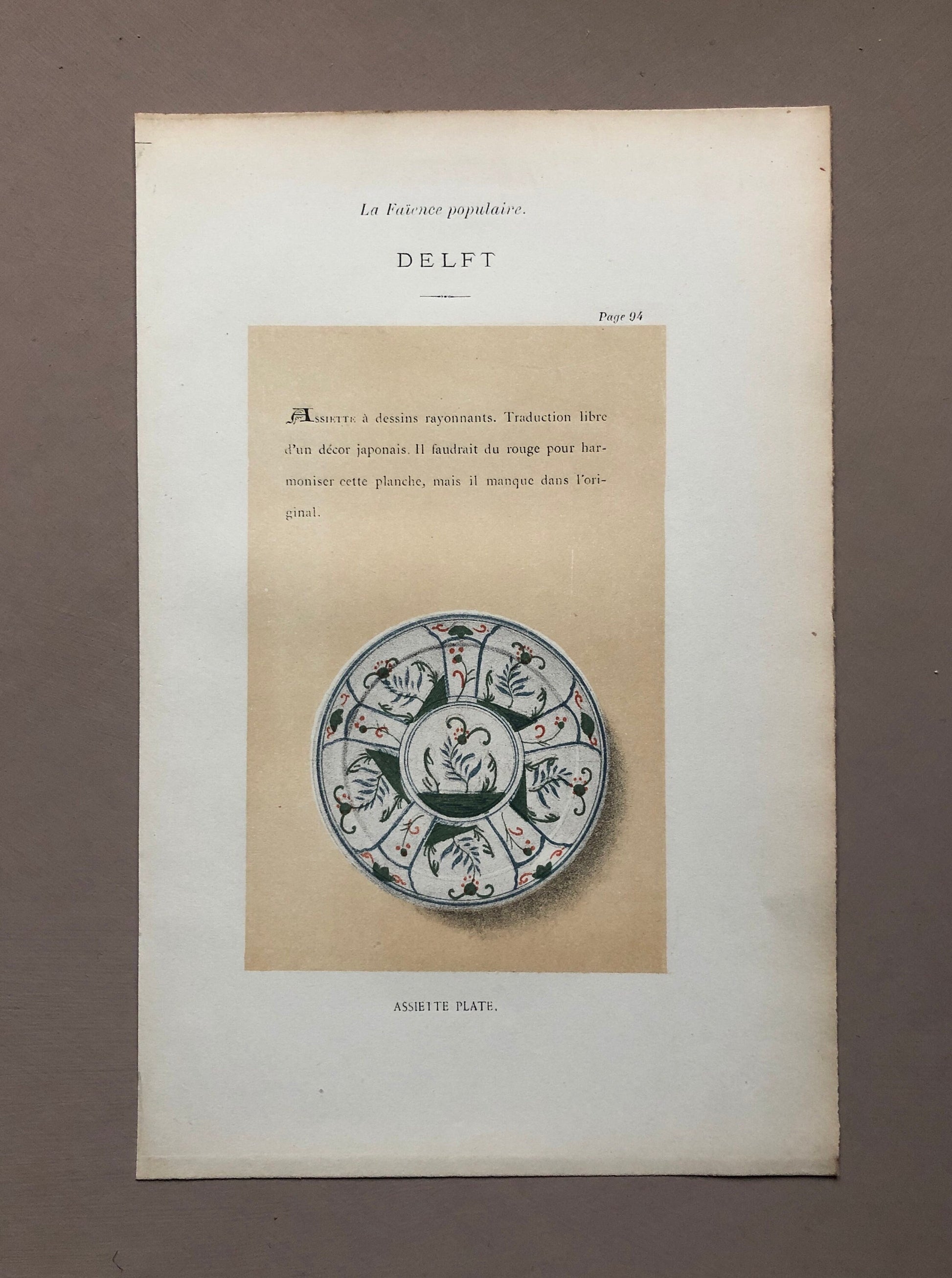 Delft Pottery. A Lithograph From La Faïence Populaire au XVIII Siecle by Mareschal. Dated 1872. Size: 26.7 x 17.2 cms.