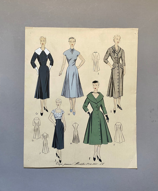 A Large Hand Drawn and Hand Painted Fashion Illustration. From Barcelona, Spain. 1955. Size: 50.5 x 40.5 cms.